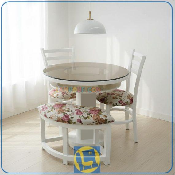 ست میز نهارخوری چهار نفره DTB11 دارای یک عدد میز با قطر 100 سانتیمتر دارای دو صندلی و یک نیمکت با میز صفحه گرد و پایه گلدانی میباشد.