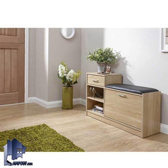 جاکفشی نیمکتدار SHJ155 به صورت کشو دار و قفسه دار و درب داشبردی که دارای نیمکت و پاف نشیمن دار بوده و دارای بدنه از جنس MDF با رنگ بندی میباشد.