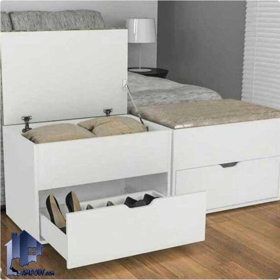 جاکفشی نیمکتدار SHJ234 که به عنوان پاف و نیمکت با درب باکس دار به صورت جکدار با یک عدد کشو با لبه CNC شده با نشیمن لمسه طراحی شده است