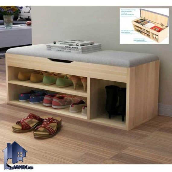 جاکفشی و پاف نیمکتدار SHJ307 به صورت باکس دار و قفسه دار که از جنس MDF با نشیمن لمسه دار و رویه کوبی شده با رنگ های متنوع ساخته شده است