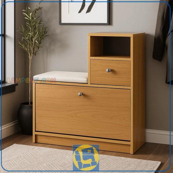 جاکفشی نیمکتدار SHJ227 که دارای نیمکت و درب داشبردی برای قرار گیری کفش ها و یک کشو و به صورت قفسه دار و کشو دار با MDF طراحی شده است.