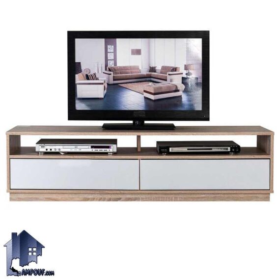 میز تلویزیون LCD مدل TTJ26 با طراحی مدرن و کشو دار که به صورت ویترینی و قفسه دار که از جنس چوب مصنوعی MDF و زیبا ساخته شده است