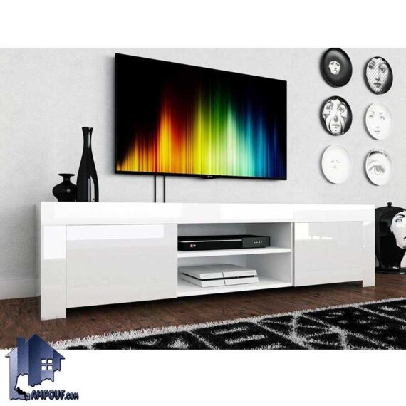 میز تلویزیون LCD مدل TTJ30 از جنس MDF که به صورت درب دار و قفسه دار ویترینی که با رنگ های متنوع به صورت دیواری و زمینی ساخته می‌شود
