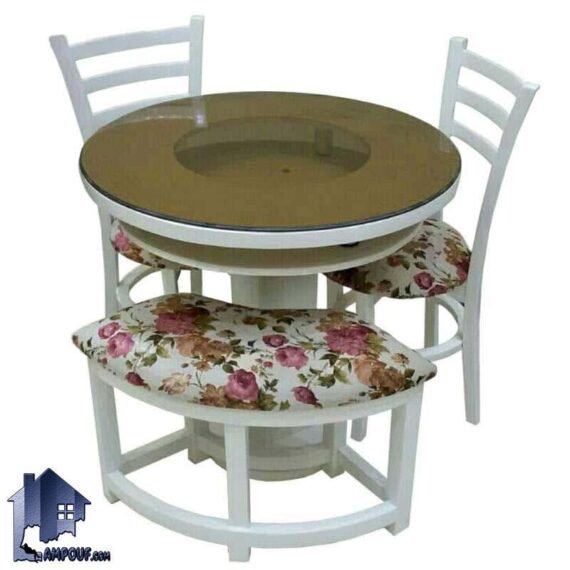 ست میز نهارخوری چهار نفره دارای یک عدد میز با قطر 100 سانتیمتر دارای دو صندلی و یک نیمکت با میز صفحه گرد و پایه گلدانی می‌باشد; در قسمت روی میز از یک صفحه شیشه ای با قطر 8 میل استفاده شده است