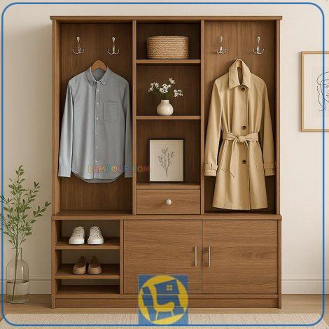 کمد ایستاده جاکفشی و جالباسی SHJ223 که دارای درب کشویی و رگال جالباسی و قفسه لباس و همچنین به صورت کشو دار بوده و از جنس MDF ساخته شده است.
