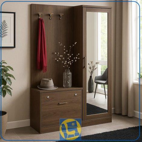 جاکفشی و جالباسی ایستاده SHJ252 با در آینه ای و درب داشبردی که دارا رگال برای آویز لباس و همچنین به صورت کشو دار و از جنس MDF طراحی شده است.