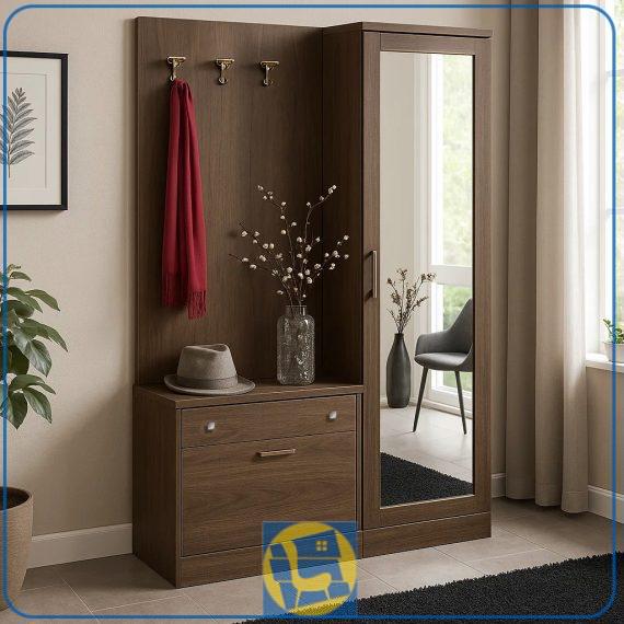 جاکفشی و جالباسی ایستاده SHJ252 با در آینه ای و درب داشبردی که دارا رگال برای آویز لباس و همچنین به صورت کشو دار و از جنس MDF طراحی شده است.