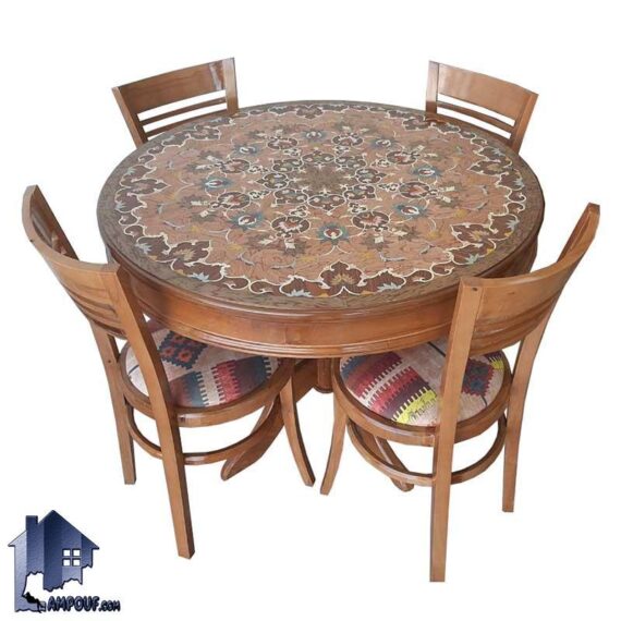 ست میز نهارخوری کمجا DTB3 که با یک میز گرد به همراه چهار صندلی چوبی با نشیمن نرم بوده که همگی به صورت کم جا برای آشپزخانه رستوران و کافی شاپ طراحی شده است