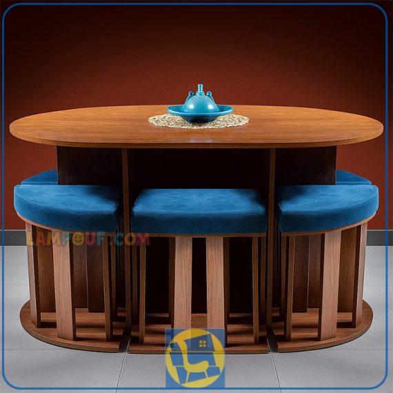 ست میز نهارخوری کمجا DTB9 که دارای طراحی میز به صورت بیضی و شش عدد صندلی ناهار خوری با نشیمن نرم و به صورت کم جا که برای آشپزخانه و همچنین کافی شاپ مناسب است.