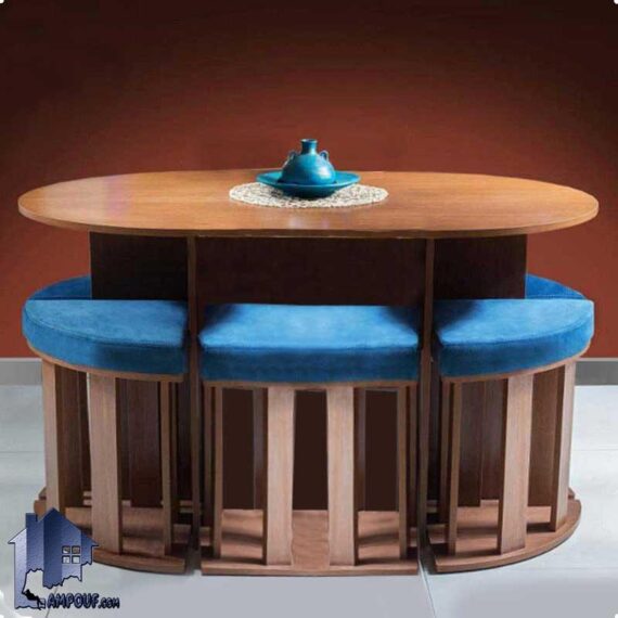 ست میز نهارخوری کمجا DTB9 که دارای طراحی میز به صورت بیضی و شش عدد صندلی ناهار خوری با نشیمن نرم و به صورت کم جا که برای آشپزخانه و همچنین کافی شاپ مناسب است
