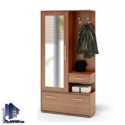 جاکفشی و جالباسی SHJ138 با یک درب آینه ای و یک درب داشبردی که به صورت قفسه دار و کشو دار طراحی شده و در قسمت ورودی منزل دکوری زیبا را به وجود میآورد.