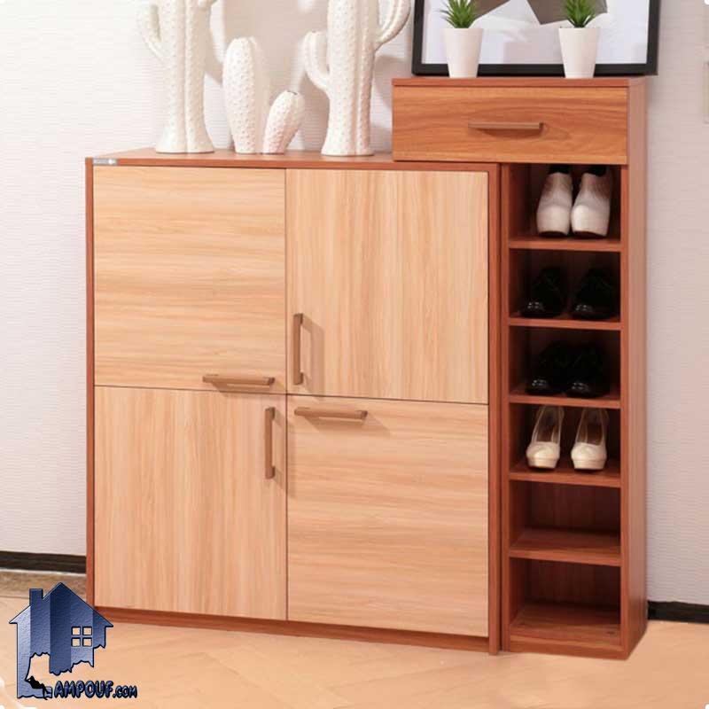 جاکفشی SHJ218 دارای چهار درب و به صورت قفسه دار و کشو دار و ویترینی که دارای طراحی مناسب به عنوان کمد جا کفشی برای ورودی منزل و داخل اتاق خواب میباشد.