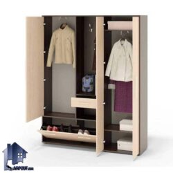 جاکفشی و جالباسی SHJ253 دارای یک کمد و استند لباس دو درب و درب آینه ای و قسمت ویترینی و کشو دار که دارای فضایی به عنوان جاکفشی با درب جکدار داشبردی میباشد.