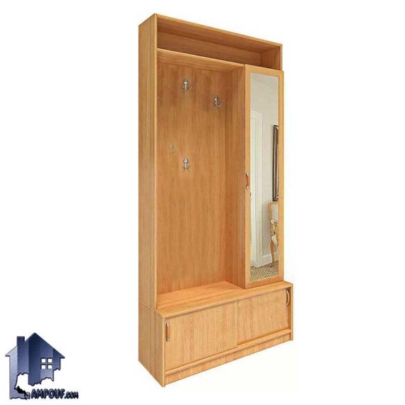 جاکفشی و جالباسی SHJ258 با طراحی به صورت درب های کشویی و درب آینه دار که در قسمت بالی کمد دارای قفسه و رگال آویز لباس بوده و برای ورودی منزل طراحی شده است.