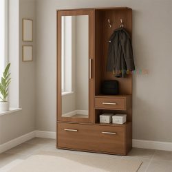 جاکفشی و جالباسی SHJ138 با یک درب آینه ای و یک درب داشبردی که به صورت قفسه دار و کشو دار طراحی شده و در قسمت ورودی منزل دکوری زیبا را به وجود می‌آورد.