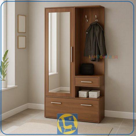 جاکفشی و جالباسی SHJ138 با یک درب آینه ای و یک درب داشبردی که به صورت قفسه دار و کشو دار طراحی شده و در قسمت ورودی منزل دکوری زیبا را به وجود می‌آورد.