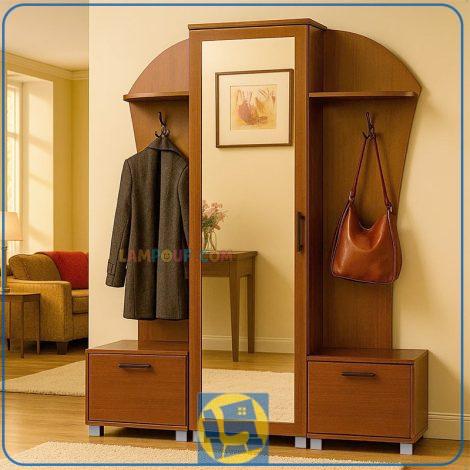 جاکفشی و جالباسی SHJ142 مدل ایستاده CNC شده برای قسمت ورودی منزل که دارای درب آینه دار و رگال آویز لباس و همچنین درب های جکدار به صورت داشبردی می‌باشد.