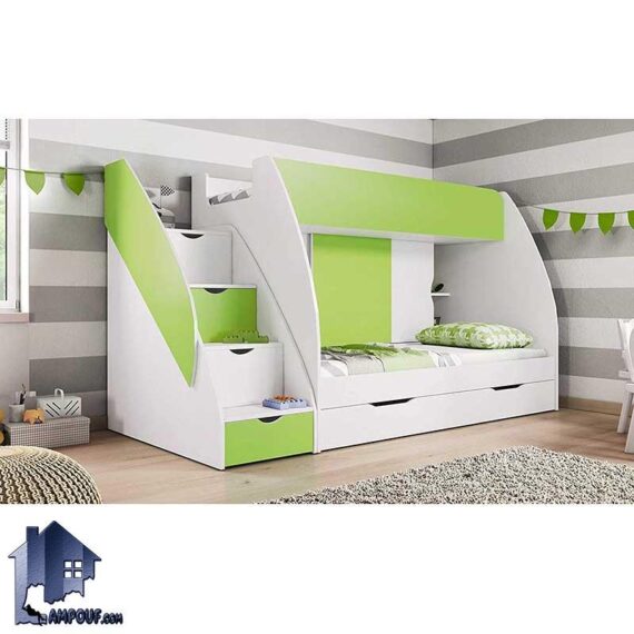 تخت خواب دو طبقه TBJ1 که مناسب برای کودک و نوجوان بوده و به صورت کشو دار و قفسه دار و ویترینی با طراحی بسیار زیبا ساخته شده می‌تواند دکور متفاوت ایجاد نماید.