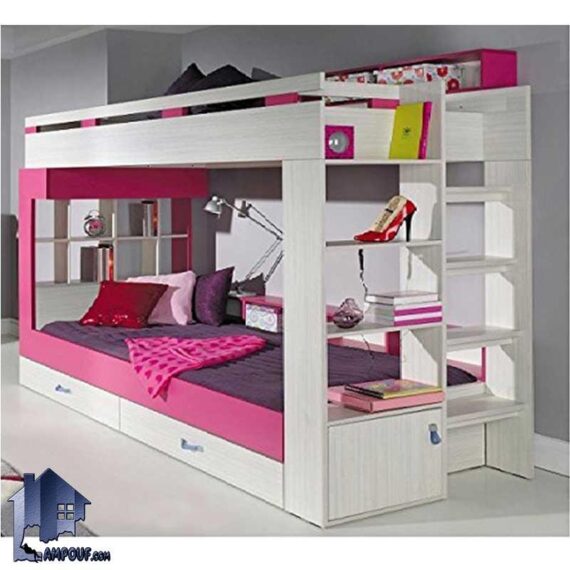 تخت خواب دو طبقه TBJ5 با طراحی دکوراتیو و به صورت ویترین دار و قفسه دار و کشو دار که بع عنوان یک تختخواب دوطبقه در اتاق خواب کودک و نوجوان استفاده می‌شود.