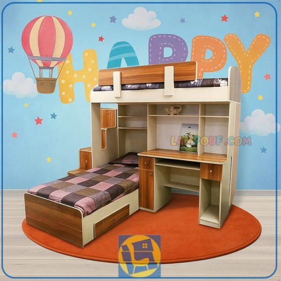تخت خواب دو طبقه TBJ7 برای اتاق های کودک و نوجوان با فضای کم و به صورت کمجا که دارای کمد و میز تحریر و کشو بوده و به صورت ال شکل طراحی شده است.
