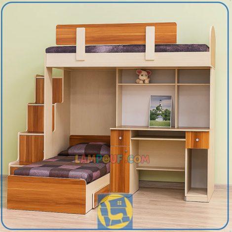 تخت خواب دو طبقه TBJ7 برای اتاق های کودک و نوجوان با فضای کم و به صورت کمجا که دارای کمد و میز تحریر و کشو بوده و به صورت ال شکل طراحی شده است.
