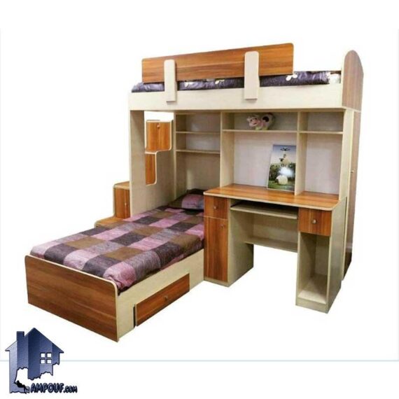 تخت خواب دو طبقه TBJ7 برای اتاق های کودک و نوجوان با فضای کم و به صورت کمجا که دارای کمد و میز تحریر و کشو بوده و به صورت ال شکل طراحی شده است.