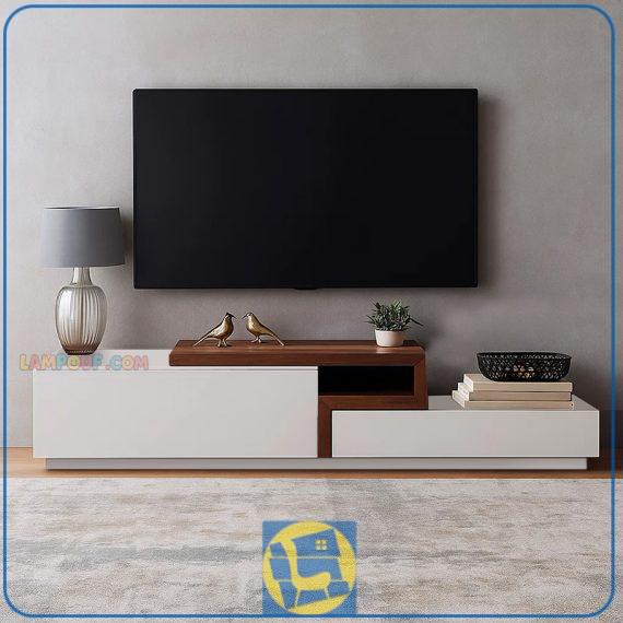 میز LCD مدل TTJ48 با دو درب جکدار و قفسه دار که به عنوان یک زیر تلویزیونی و استند تلویزیون در داخل تی وی روم و پذیرایی منزل با طراحی زیبا استفاده می‌شود.