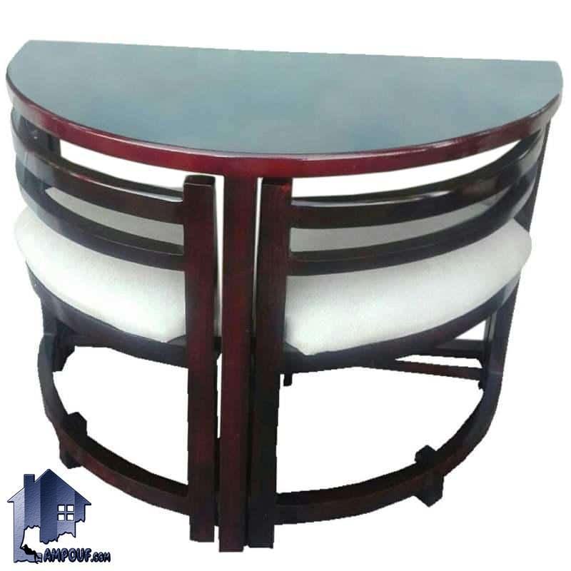 ست میز نهارخوری کمجا DTB5 که به صورت دو نفره با میز نیم دایره و دو عدد صندلی ناهار خوری به صورت کم جا طراحی شده که می‌تواند مناسب برای آشپزخانه و کافی شاپ باشد.