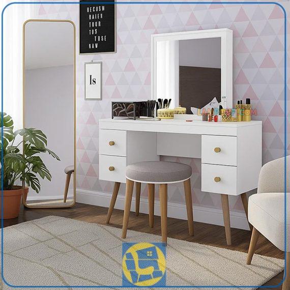 میز آرایش DJ329 با طراحی آینه دار و کشو دار که با پایه چوبی به عنوان میز توالت و یک کنسول در داخل اتاق خواب و در کنار سرویس خواب مورد استفاده قرار بگیرد.