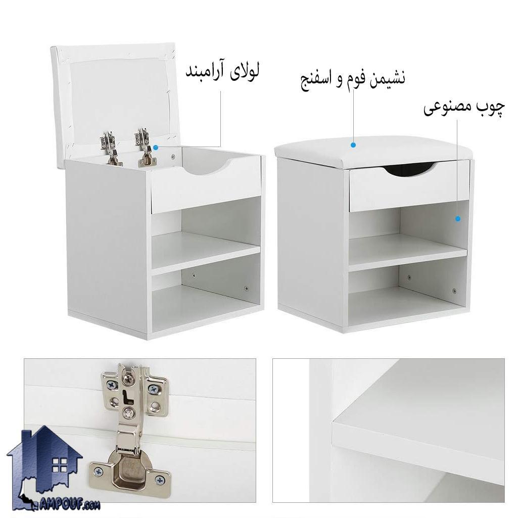 SHJ325 (2) جاکفشی نیمکتدار SHj325 که به عنوان یک نیمکت و صندلی یک نفره باکس دار و قفسه دار به عنوان جا کفشی و یا صندلی میز آرایش در ورودی منزل و اتاق خواب قرار میگیرد.