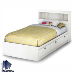 تخت خواب یک نفره SBJ102 کشو دار با طراحی تاج به صورت ویترینی و کتابخانه دار که به عنوان تختخواب یکنفره در داخل اتاق خواب بزرگسال و نوجوان استفاده میشود.