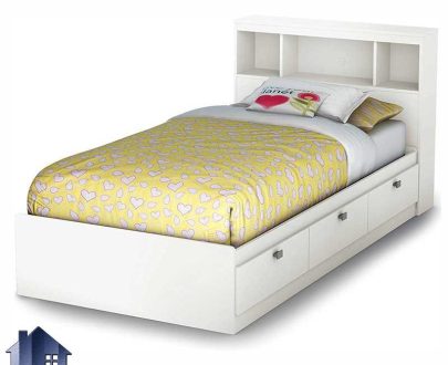 تخت خواب یک نفره SBJ102 کشو دار با طراحی تاج به صورت ویترینی و کتابخانه دار که به عنوان تختخواب یکنفره در داخل اتاق خواب بزرگسال و نوجوان استفاده می‌شود.