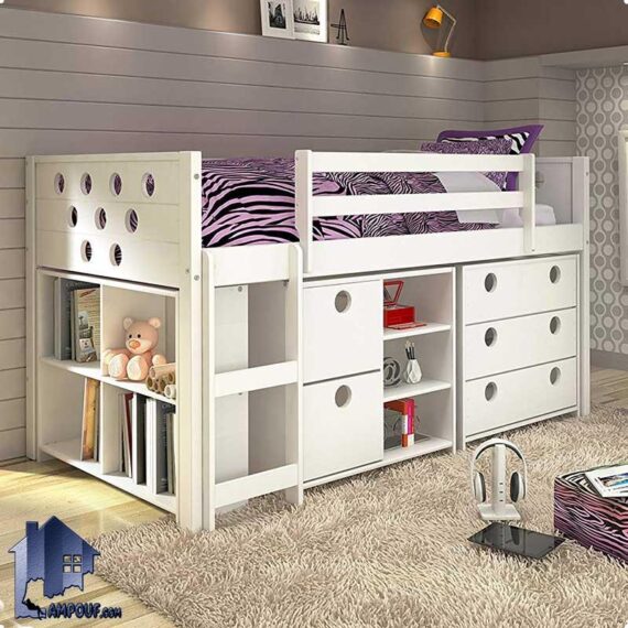 تخت خواب یک نفره SBJ103 دارای دراور و کتابخانه که به صورت کشو دار و قفسه دار به عنوان تختخواب یکنفره و یک سرویس خواب در اتاق خواب استفاده می‌شود.