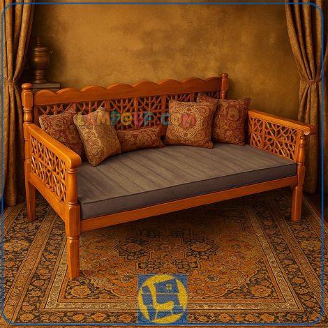 تخت سنتی سه‌نفره 160*60 مدل TRK100 که به عنوان یک تخت قهوه خانه ای چوبی در سفره خانه و ستوران و منازل و باغ و ویلا مورد استفاده قرار می‌گیرد.