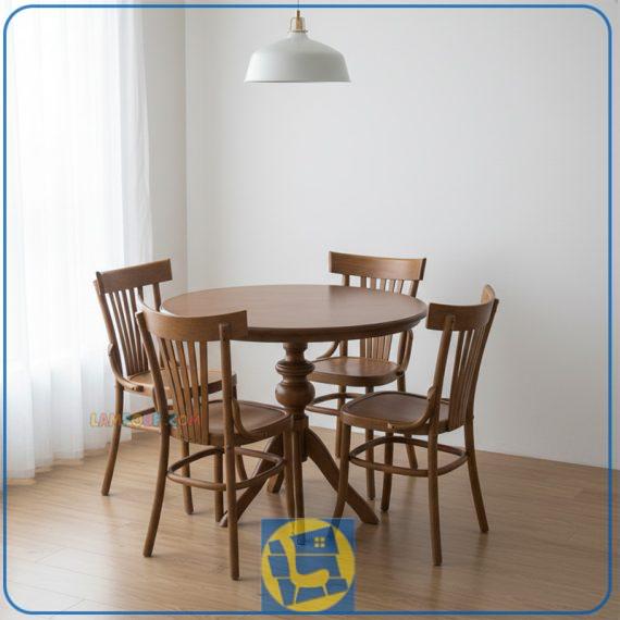 ست میز نهارخوری چهارنفره DTK101 دارای میز گرد پایه گلدانی و صندلی لهستانی چوبی که به عنوان یک ست غذا خوری و ناهار خوری در آشپزخانه و پذیرایی استفاده میشود.
