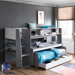 تخت خواب دو طبقه TBJ13 مجهز به میز تحریر و به صورت تختخواب دوطبقه کمجا کتابخانه و قفسه دار و کشو دار که در داخل اتاق خواب به عنوان سرویس خواب قرار میگیرد.