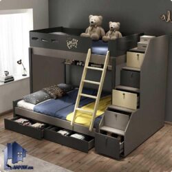 تخت خواب دو طبقه TBJ19 که به عنوان سرویس خواب کمجا و یا تختخواب دوطبقه کودک و نوجوان قفسه دار و کشو دار در اتاق خواب در کنار دکور اداری استفاده می‌شود.