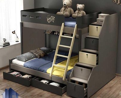 تخت خواب دو طبقه TBJ19 که به عنوان سرویس خواب کمجا و یا تختخواب دوطبقه کودک و نوجوان قفسه دار و کشو دار در اتاق خواب در کنار دکور اداری استفاده می‌شود.