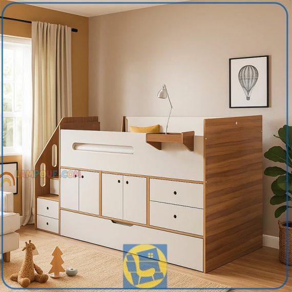 تخت خواب کودک و نوجوان CHJ105 دارای دراور و کمد و پله کشو دار و همچنین تختخواب کشویی میهمان که در داخل اتاق خواب به عنوان سرویس خواب کامل استفاده می‌شود.