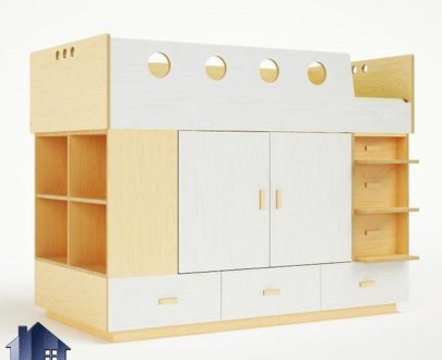 تخت خواب کودک و نوجوان CHJ106 دارای کمد و کشو و قفسه کتابخانه که به عنوان سرویس خواب کامل در داخل اتاق خواب کودکان و نوجوانان مورد استفاده قرار می‌گیرد