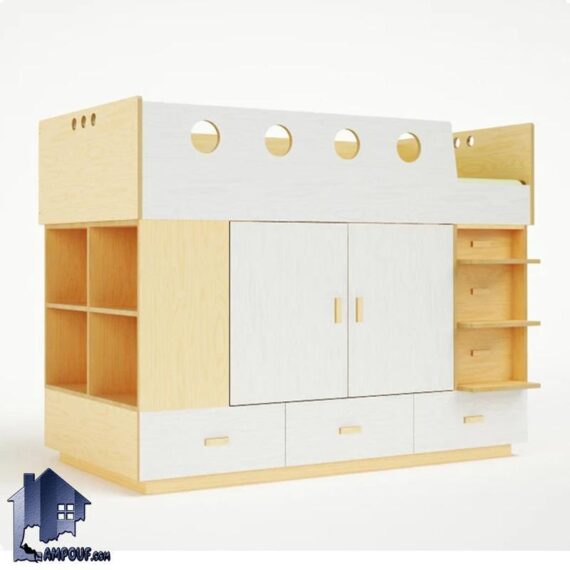 تخت خواب کودک و نوجوان CHJ106 دارای کمد و کشو و قفسه کتابخانه که به عنوان سرویس خواب کامل در داخل اتاق خواب کودکان و نوجوانان مورد استفاده قرار میگیرد