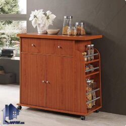 کابینت CSJ101 به صورت کشو درب و قفسه دار و دارای جای بطری و ادویه که به عنوان میز اپن و بار در آشپزخانه و در کنار دیگر لوازم دکوری زیبا را به وجود میآورد.