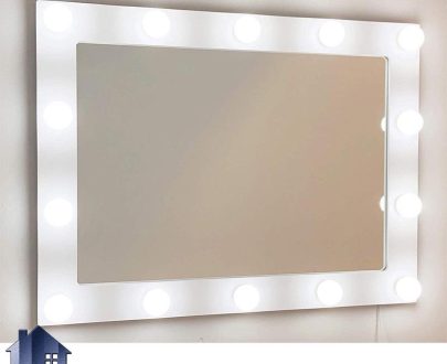 آینه دیواری لامپ دار SMJ208 قابل نصب به روی دیوار که میتواند به روی انواع میز های کنسول و آرایش و توالت و دراور در اتاق و در کنار سرویس خواب قرار بگیرد