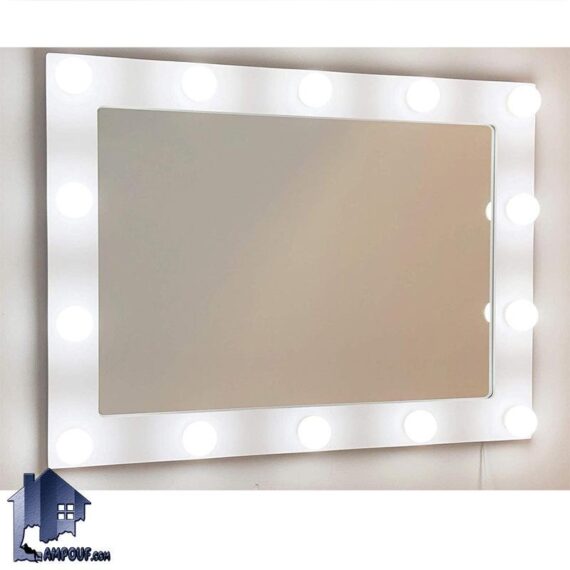 آینه دیواری لامپ دار SMJ208 قابل نصب به روی دیوار که میتواند به روی انواع میز های کنسول و آرایش و توالت و دراور در اتاق و در کنار سرویس خواب قرار بگیرد