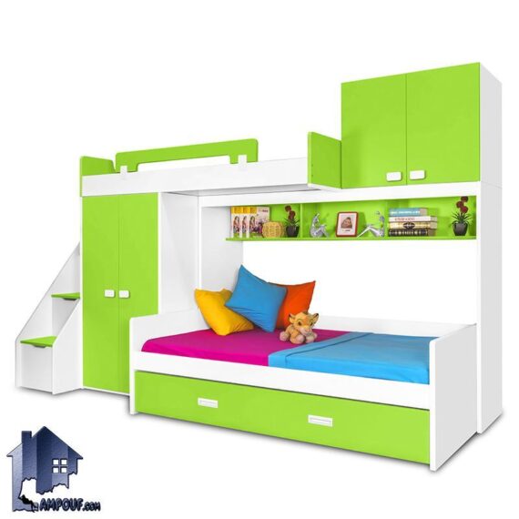 تخت خواب دو طبقه TBJ36 دارای تختخواب میهمان به صورت کشویی و دارای کتابخانه کابینت پله باکس دار که در کنار سرویس خواب در داخل اتاق مورد استفاده قرار می‌گیرد