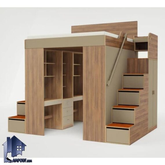 تخت خواب دو طبقه TBJ37 به صورت سرویس خواب کاملا جهز دارای کمد و کتابخانه و کمد و میز تحریر و قفسه که به عنوان یک تخت دو نفره در اتاق خواب استفاده می‌شود