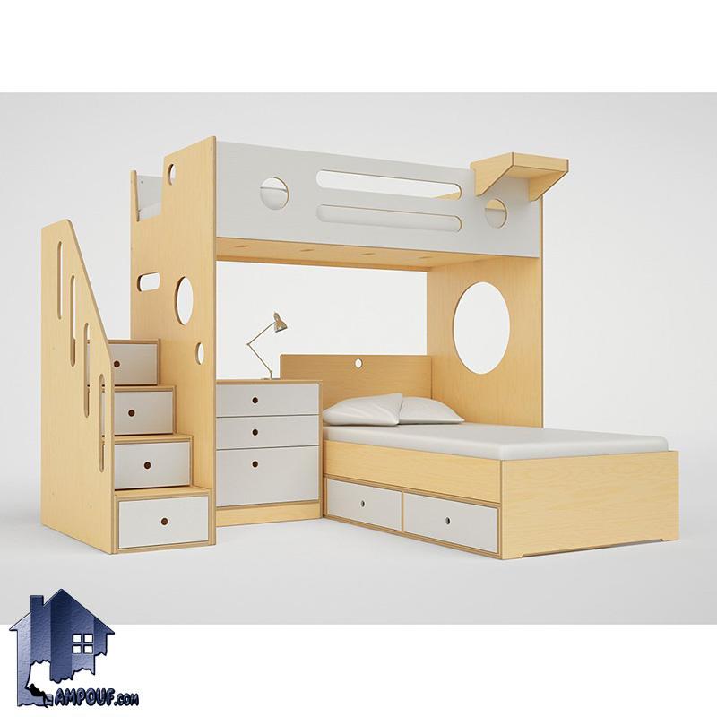 تخت خواب دو طبقه TBJ44 دارای دراور و پله کشو دار و تخت کشو دار که به عنوان تختخواب دوطبقه در کنار سرویس خواب در داخل اتاق کودک و نوجوان استفاده می‌شود
