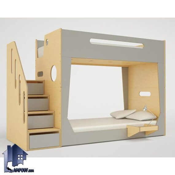 تخت خواب دو طبقه TBJ48 دارای میز تحریر کمجا و پله دراور و حفاظ که به صورت تختخواب دوطبقه در داخل اتاق خواب کودک و نوجوان در کنار سرویس خواب قرار میگیرد.
