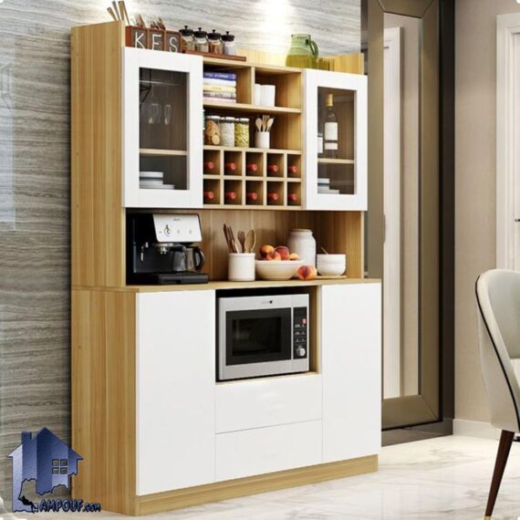 میز بار BTJ115 دارای قفسه و ویترین و کشو و درب که به عنوان کمد ویترینی و کابینت در داخل آشپزخانه و پذیرایی و رستوران و کافی شاپ مورد استفاده قرار می‌گیرد
