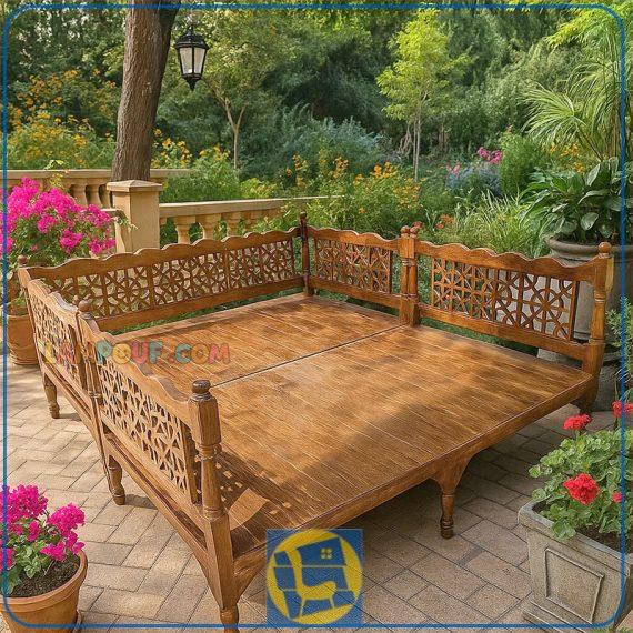 تخت سنتی چوبی هشت نفره Trk258 با طراحی قهوه خانه ای و باغی که برای فضای باز و رستوران و کافی شاپ و قهوه خانه و رستوران های سنتی مورد استفاده قرار می‌گیرد.